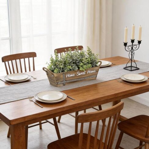 قطعة مركزية لطاولة الأوكالبتوس الصناعية في صندوق خشبي، ترتيب خضرة صناعية مع لافتة "Home Sweet Home"، مقابض من حبال الجوت، ديكور منزلي ريفي للمزرعة in Kuwait