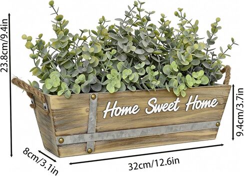 قطعة مركزية لطاولة الأوكالبتوس الصناعية في صندوق خشبي، ترتيب خضرة صناعية مع لافتة "Home Sweet Home"، مقابض من حبال الجوت، ديكور منزلي ريفي للمزرعة in Kuwait