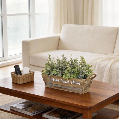 قطعة مركزية لطاولة الأوكالبتوس الصناعية في صندوق خشبي، ترتيب خضرة صناعية مع لافتة "Home Sweet Home"، مقابض من حبال الجوت، ديكور منزلي ريفي للمزرعة in Kuwait