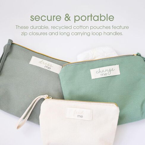 مجموعة حقائب تنظيم حقائب حفاضات الأطفال من بيرهيد - أطعمني، غيرني، ألبسني - أكياس بسحاب مصنوعة من القطن المعاد تدويره، ملحقات حقائب الحفاضات المحايدة للجنسين ومنظم أساسيات الأطفال - مجموعة من 3 قطع in Kuwait