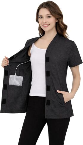 قميص استئصال الثدي للسيدات مع جيوب تصريف، قميص قصير الأكمام بعد الجراحة مزود بخطاف وحلقة ومنفذ الوصول، قميص علوي S-2XL in Kuwait