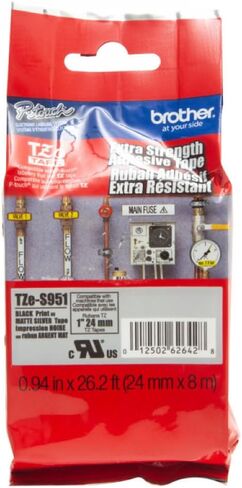 شريط لاصق مصفح فائق القوة من Brother TZES951 TZ، 1 وات، أسود على فضي غير لامع in Kuwait