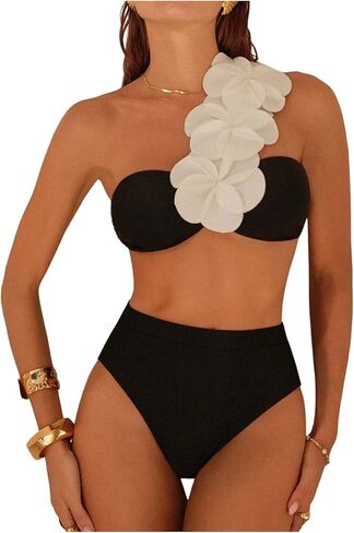 SHENHE Women's One Shoulder Bikini Set High Waisted 3D Flower Bandeau Swimsuits 2 Piece Swimwear in Saudi Arabia