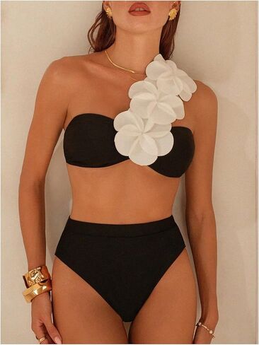 SHENHE Women's One Shoulder Bikini Set High Waisted 3D Flower Bandeau Swimsuits 2 Piece Swimwear in Saudi Arabia