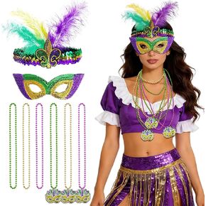 Mardi Gras Outfits for Women, 8 Pcs Mardi Gras Costume Accessory Outfit Set, Beads Necklaces Faux Feather Headband Mask for Halloween Party Favor in Kuwait