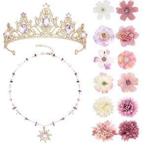 YISSION Princess-Inspired Crown & Necklace Set with 12pcs Artificial Flower Hair Clips - Gold Crystal Tiara, Sun Pendant Necklace for Adults Cosplay, Dress Up, Convention Costume Accessories in Kuwait