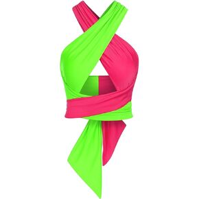 Chicingyou Neon Leopard Tops for Women Ribbed Halter Crop Ruched Lace up Crop Criss Cross Wrap Tank Top for 70 80's Party in Saudi Arabia