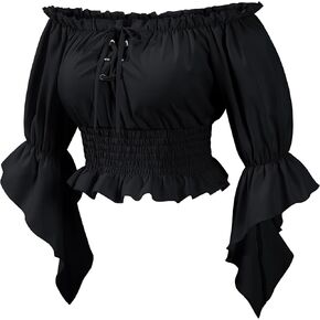 قميص فلاحي فيكتوري من عصر النهضة للسيدات، بلوزة قرصان، زي تنكري، أكمام على شكل جرس in Kuwait