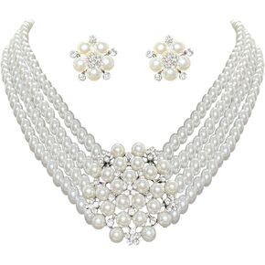 طقم مجوهرات من اللؤلؤ الصناعي وحجر الراين وقلادة متدلية طقم أقراط متدلية من طبقات من اللؤلؤ والكريستال وقلادة متدلية مجموعة أقراط متدلية لحفلات الزفاف والحفلات الراقصة in Kuwait