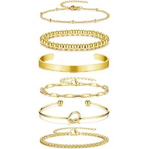 Jovivi 6Pcs Stainless Steel Bracelets for Women Men Silver/14K Gold Plated Beads Love Knot Cuff Paperclip Cuban Link Chain Bracelet Sets Jewelry Gifts Adjustable in Kuwait