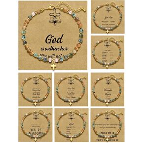 BROCC 9 قطع سوار الصليب المسيحي للنساء، مجموعة مجوهرات تأكيد المعمودية عيد الفصح، قابل للتعديل 4 مم شفاء الحجر الطبيعي مطرز الأساور in Kuwait