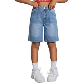 Girls Jean Shorts Baggy Wide Leg Washed Bermuda Denim Shorts Straight Leg Cute Summer Y2K Streetwear 7-14Y in Kuwait