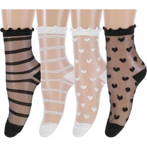 4 Pairs Lace Socks Women, Sheer Socks Black Ruffle Thin Lace See Through Transparent Heart Striped in Kuwait