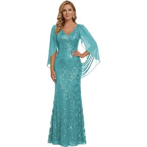 Cape Sleeve Mother of The Bride Dress for Women Lace Sequin Formal Dresses Long Mermaid Evening Gowns in Kuwait