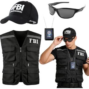 4pcs FBI Costume Men Women, FBI Agent Costume Include Vest Hat Badge and Police Sunglasses for Roleplay Halloween Party in Kuwait