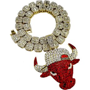 14K Gold plated Large Bull Icy Charm Pendant & 12mm 16" 18" 20" Iced Baguette Stone Chain Hip Hop Jewelry Bling Fashion Necklace in Kuwait