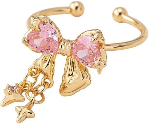 Sweet Bow Knot Pink Cz Heart Open Statement Ring for Women Hanging Cross Star Ribbon Bowknot Adjustable Stacking Wedding Promise Knuckle Finger Rings Comfort Fit Fashion Bands Dainty Jewelry for BFF in Saudi Arabia