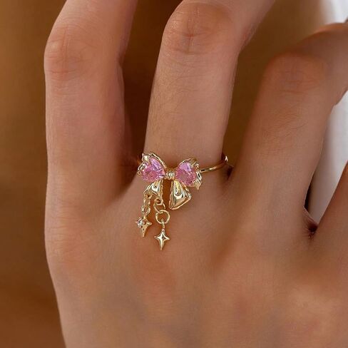 Sweet Bow Knot Pink Cz Heart Open Statement Ring for Women Hanging Cross Star Ribbon Bowknot Adjustable Stacking Wedding Promise Knuckle Finger Rings Comfort Fit Fashion Bands Dainty Jewelry for BFF in Saudi Arabia
