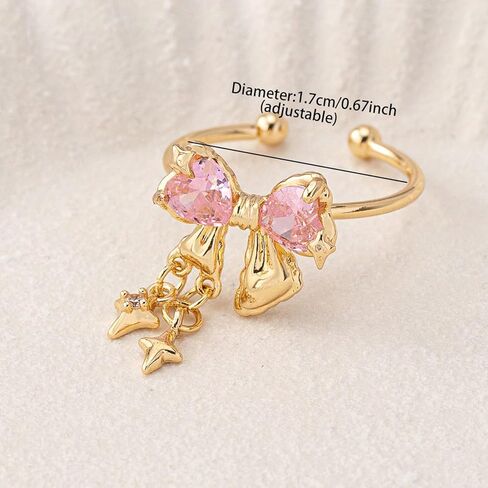 Sweet Bow Knot Pink Cz Heart Open Statement Ring for Women Hanging Cross Star Ribbon Bowknot Adjustable Stacking Wedding Promise Knuckle Finger Rings Comfort Fit Fashion Bands Dainty Jewelry for BFF in Saudi Arabia