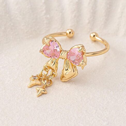 Sweet Bow Knot Pink Cz Heart Open Statement Ring for Women Hanging Cross Star Ribbon Bowknot Adjustable Stacking Wedding Promise Knuckle Finger Rings Comfort Fit Fashion Bands Dainty Jewelry for BFF in Saudi Arabia