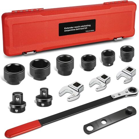 Auto Dynasty Serpentine Belt Tool Kit, 13PCS Belt Tensioner Tool, Removal and Installation Tool Set with Ratcheting Wrench, Crowfoot Wrenches, Socket Adapters, 19 mm, 5/8'' Ratchet Drive in Saudi Arabia
