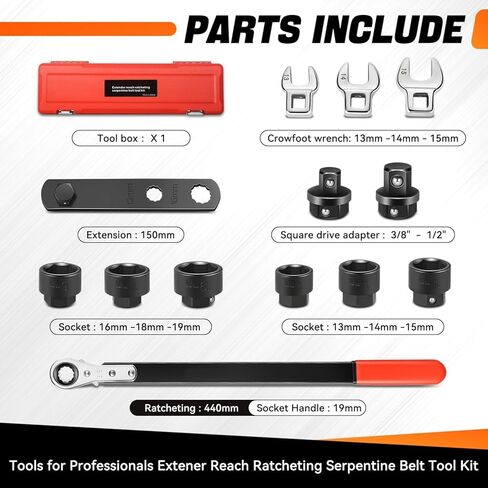 Auto Dynasty Serpentine Belt Tool Kit, 13PCS Belt Tensioner Tool, Removal and Installation Tool Set with Ratcheting Wrench, Crowfoot Wrenches, Socket Adapters, 19 mm, 5/8'' Ratchet Drive in Saudi Arabia