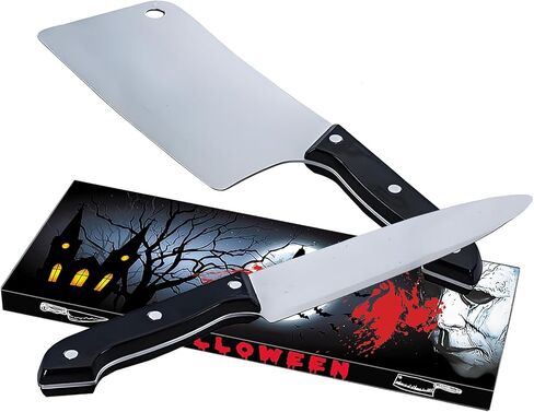 2Pcs Halloween Fake Knife Prop,Fake Knife,Halloween Classic Horror Props Kills Butcher Knife Prop (Silver+red) in Saudi Arabia