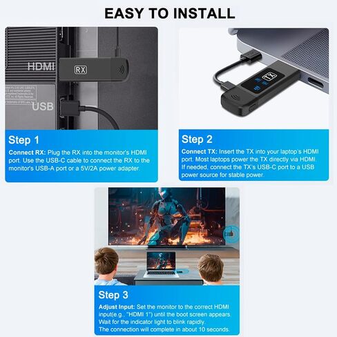 جهاز إرسال واستقبال HDMI لاسلكي، التوصيل والتشغيل، موسع HDMI لاسلكي 2.4G/5G فك تشفير 4K وإخراج 1080P مع شاشة LED لبث الفيديو والصوت إلى الشاشة من الكمبيوتر المحمول/الكمبيوتر الشخصي/صندوق التلفزيون/جهاز العرض in Kuwait