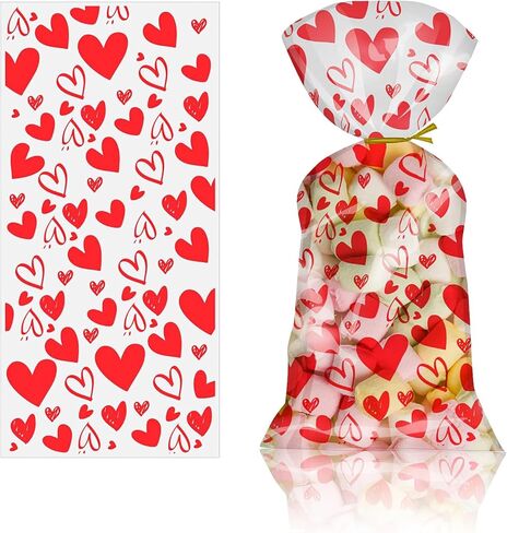 Fuesteoyd Valentines Treat Bags Red Headrt Valentines Party Valentines Cellophane Treat Bags with Twists Mixed Love Heart Plastic Bag for Snacks Cookies Candy Gift Favor Packing 50Pcs in Saudi Arabia