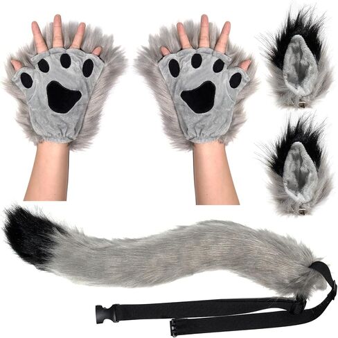 5pcs Wolf Fox Tail Clip Ears and Gloves Set Halloween Christmas Fancy Party Costume Toys for Women Men in Kuwait