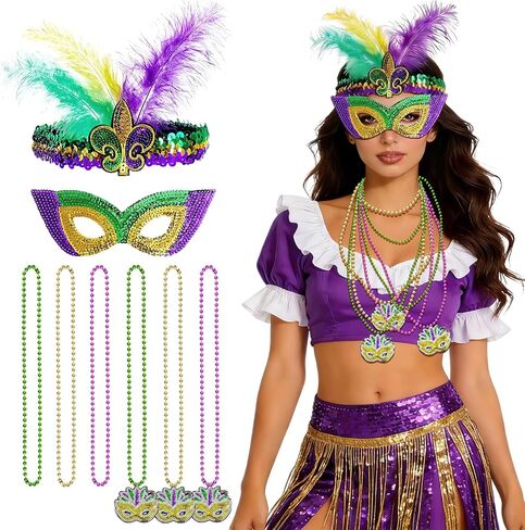 Mardi Gras Outfits for Women, 8 Pcs Mardi Gras Costume Accessory Outfit Set, Beads Necklaces Faux Feather Headband Mask for Halloween Party Favor in Kuwait