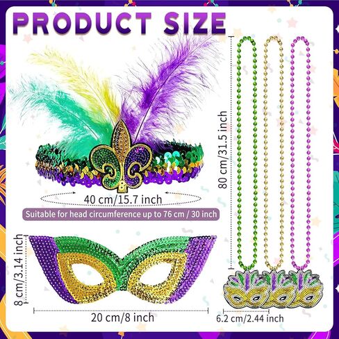 Mardi Gras Outfits for Women, 8 Pcs Mardi Gras Costume Accessory Outfit Set, Beads Necklaces Faux Feather Headband Mask for Halloween Party Favor in Kuwait