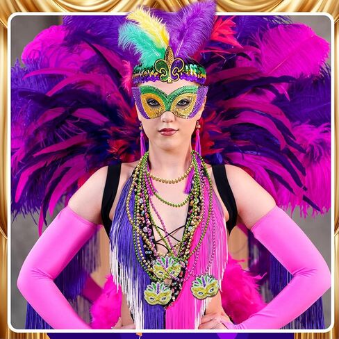 Mardi Gras Outfits for Women, 8 Pcs Mardi Gras Costume Accessory Outfit Set, Beads Necklaces Faux Feather Headband Mask for Halloween Party Favor in Kuwait