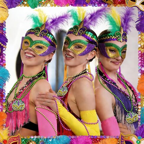 Mardi Gras Outfits for Women, 8 Pcs Mardi Gras Costume Accessory Outfit Set, Beads Necklaces Faux Feather Headband Mask for Halloween Party Favor in Kuwait