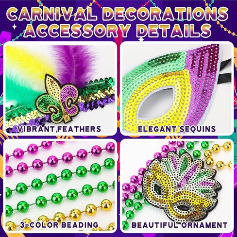 Mardi Gras Outfits for Women, 8 Pcs Mardi Gras Costume Accessory Outfit Set, Beads Necklaces Faux Feather Headband Mask for Halloween Party Favor in Kuwait
