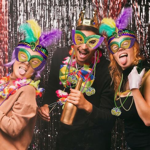 Mardi Gras Outfits for Women, 8 Pcs Mardi Gras Costume Accessory Outfit Set, Beads Necklaces Faux Feather Headband Mask for Halloween Party Favor in Kuwait