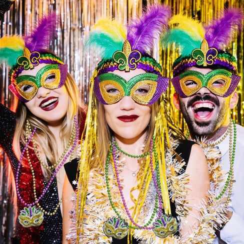 Mardi Gras Outfits for Women, 8 Pcs Mardi Gras Costume Accessory Outfit Set, Beads Necklaces Faux Feather Headband Mask for Halloween Party Favor in Kuwait