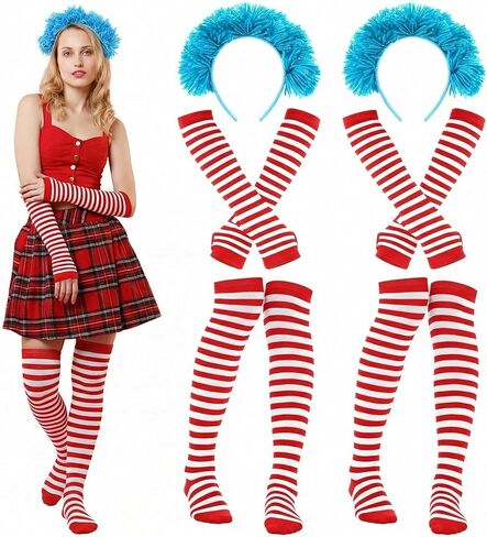 6 Pcs Costume Set for Women Include Red Blue Striped Socks, Headband, Stretchy Gloves for Adult Outfit Accessories Party Supplies in Saudi Arabia
