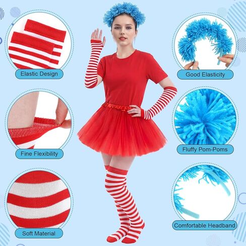 6 Pcs Costume Set for Women Include Red Blue Striped Socks, Headband, Stretchy Gloves for Adult Outfit Accessories Party Supplies in Saudi Arabia