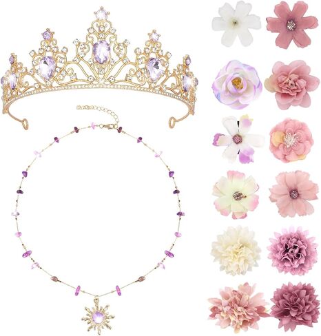 YISSION Princess-Inspired Crown & Necklace Set with 12pcs Artificial Flower Hair Clips - Gold Crystal Tiara, Sun Pendant Necklace for Adults Cosplay, Dress Up, Convention Costume Accessories in Kuwait
