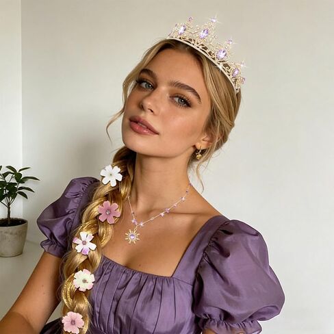 YISSION Princess-Inspired Crown & Necklace Set with 12pcs Artificial Flower Hair Clips - Gold Crystal Tiara, Sun Pendant Necklace for Adults Cosplay, Dress Up, Convention Costume Accessories in Kuwait