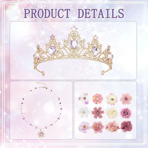 YISSION Princess-Inspired Crown & Necklace Set with 12pcs Artificial Flower Hair Clips - Gold Crystal Tiara, Sun Pendant Necklace for Adults Cosplay, Dress Up, Convention Costume Accessories in Kuwait