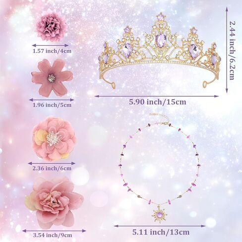 YISSION Princess-Inspired Crown & Necklace Set with 12pcs Artificial Flower Hair Clips - Gold Crystal Tiara, Sun Pendant Necklace for Adults Cosplay, Dress Up, Convention Costume Accessories in Kuwait
