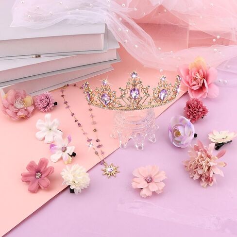 YISSION Princess-Inspired Crown & Necklace Set with 12pcs Artificial Flower Hair Clips - Gold Crystal Tiara, Sun Pendant Necklace for Adults Cosplay, Dress Up, Convention Costume Accessories in Kuwait