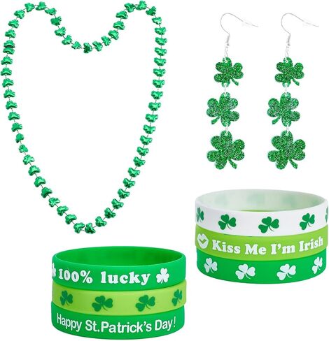 Heliltd St. Patrick’s Day Jewelry Set for Women 8pcs Shamrock Dangle Earrings Bead Necklace and Silicone Bracelets Irish Accessories Bundle Holiday Party Gifts in Saudi Arabia