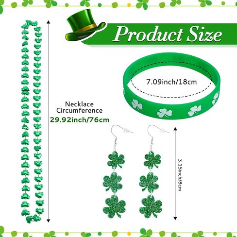 Heliltd St. Patrick’s Day Jewelry Set for Women 8pcs Shamrock Dangle Earrings Bead Necklace and Silicone Bracelets Irish Accessories Bundle Holiday Party Gifts in Saudi Arabia