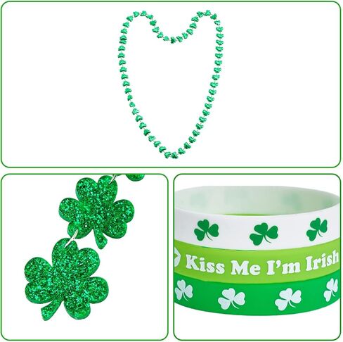 Heliltd St. Patrick’s Day Jewelry Set for Women 8pcs Shamrock Dangle Earrings Bead Necklace and Silicone Bracelets Irish Accessories Bundle Holiday Party Gifts in Saudi Arabia