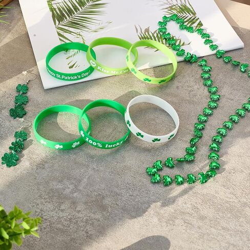 Heliltd St. Patrick’s Day Jewelry Set for Women 8pcs Shamrock Dangle Earrings Bead Necklace and Silicone Bracelets Irish Accessories Bundle Holiday Party Gifts in Saudi Arabia