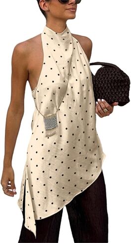 Women Sain Silk Cami Shirt Mock Neck Halter Tops Side Split Asymmetrical Backless Camisole Y2k Going Out Tops in Kuwait