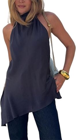 Women Sain Silk Cami Shirt Mock Neck Halter Tops Side Split Asymmetrical Backless Camisole Y2k Going Out Tops in Saudi Arabia